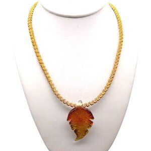 Dichroic Art Glass Autumn Leaf Pendant on Unique Gold Tone Chain, Beautiful